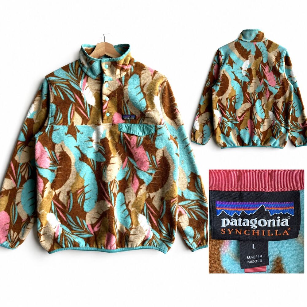 Patagonia Synchilla Women’s Large Snap-T Fleece Jacket Pullover Feather Print